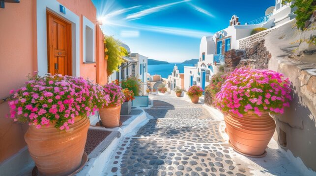 Fototapeta Santorini, Greece. Picturesq view of traditional cycladic Santorini houses on small street with flowers in foreground. Location Oia village, Santorini, Greece