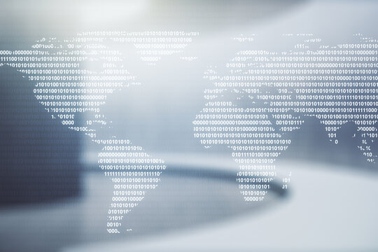 Abstract creative digital world map on modern interior background, globalization concept. Multiexposure