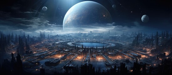 Fototapeta premium A science fiction artists depiction of a futuristic city under a sky filled with clouds, with a large planet and moon in the background, creating a mysterious atmosphere at midnight