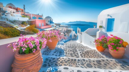 Santorini, Greece. Picturesq view of traditional cycladic Santorini houses on small street with flowers in foreground. Location Oia village, Santorini, Greece - obrazy, fototapety, plakaty