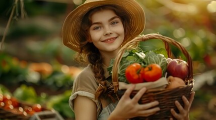 Young farmer girl holding fresh vegetables in a basket. The concept of biological, bio products, bio ecology, grown by own hands, vegetarians, salads healthy.
