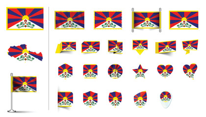 set of Tibet flag, flat Icon set vector illustration. collection of national symbols on various objects and state signs. flag button, waving, 3d rendering symbols, and flag on map symbols