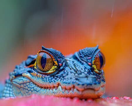 Colorful macro illustration of a small crocodile-like reptile with striking bright eyes perched on a piece of wood. There is space for entering text. It can attract the attention of readers very well.