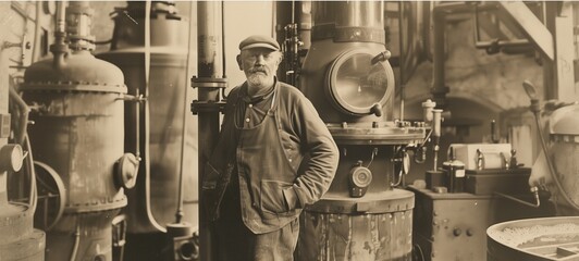 Vintage portrait of a craftsman in a workshop. The sepia-toned image features an older man with a cap, standing proudly among large industrial machinery