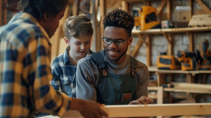 Woodworking education concept. A cheerful young adult teaching two attentive boys how to work with wood in a well-equipped workshop. - obrazy, fototapety, plakaty