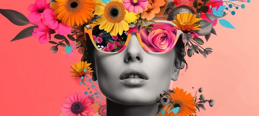Surreal portrait of a woman with floral elements. A woman's face by vibrant sunglasses reflecting a myriad of flowers with a vivid selection of blossoms against a coral background.