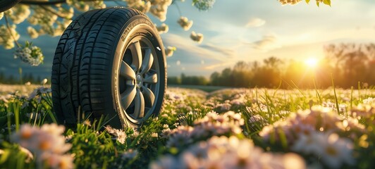 Summer tire on a car wheel standing in a blooming spring meadow. The warm sunlight and clear blue sky create an inviting atmosphere, suggesting the concept of road trips - obrazy, fototapety, plakaty