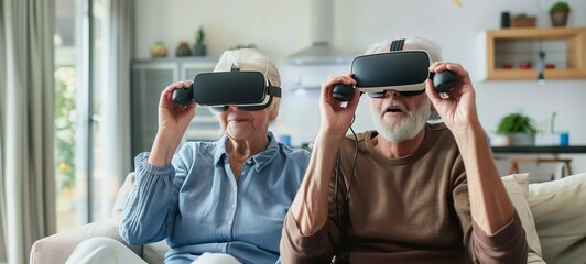 Senior couple experiencing virtual reality. Two elderly individuals seated comfortably in a modern living room, wearing VR headsets and holding controllers, exploring a digital world together.