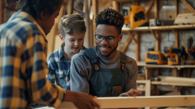Woodworking education concept. A cheerful young adult teaching two attentive boys how to work with wood in a well-equipped workshop.