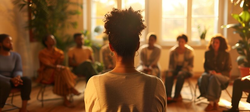 Group therapy session in progress. The image presents a back view of a woman leading a discussion in a warm, sunlit room surrounded by attentive participants seated in a circle.
