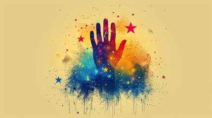 Abstract hand and puppet on a white background with an inscription. Political concept of a starry sky or space containing stars and the universe. Modern business illustration. - obrazy, fototapety, plakaty