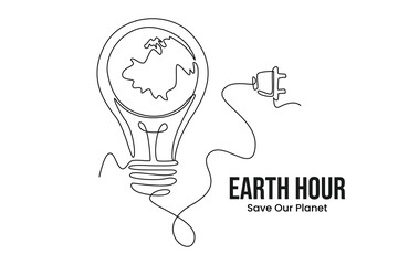 Simple continuous lline draw earth light bulb with plug. Flat Earth planet in Space. Earth globe with on off light switch icon or power button. Abstract space background with stars. Minimal design. Ve
