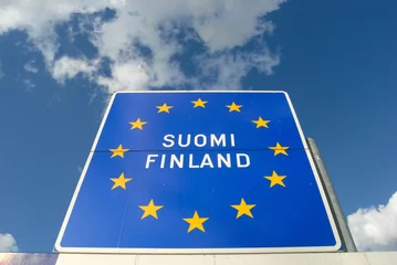 Fototapeten Turku Finland. Sign at the Border, Finland, Suomi (Finland in Finnish) surrounded by the stars of the European Union flag. © Richard