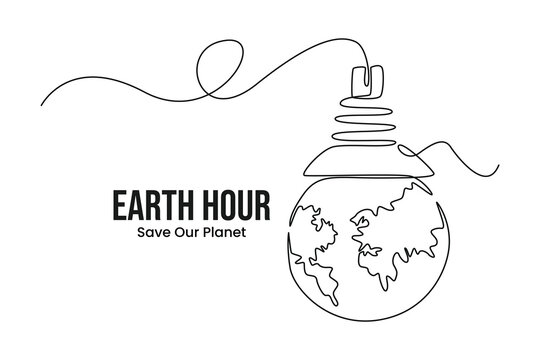 Earth hour earth bulb lights are switched off. Flat Earth planet in Space. Earth globe with on/off light switch icon or power button. Abstract space background with stars. Minimal design. Vector Illus