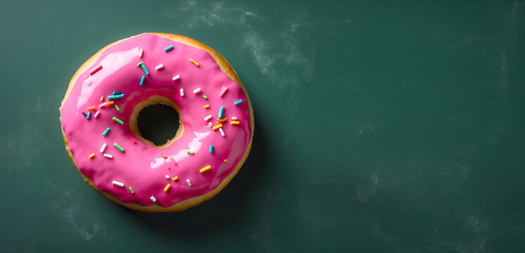 Top down view of pink donut on green chalkboard background. Empty space for text in right side image. Donut, bakery, food banner template.