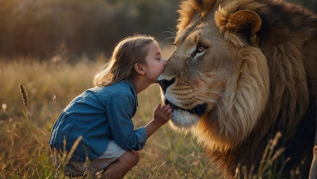 Abstract concept for imagination, love, and nature. A young girl steals a fantasy kiss from a male wildlife lion. Children like to imagine and play make believe.