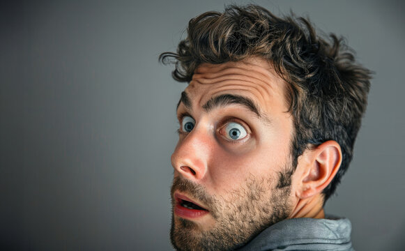 A man with a beard and a surprised expression on his face. He is wearing a gray shirt and has a beard. Man face surprised looking back over his shoulder
