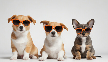 Cute cat and dog with sunglasses sitting together on white background colorful background