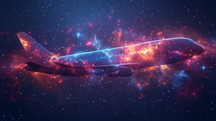 The top view of an abstract airliner on a white background with an inscription. Starry sky or space with stars and the universe. Modern business illustration. - obrazy, fototapety, plakaty