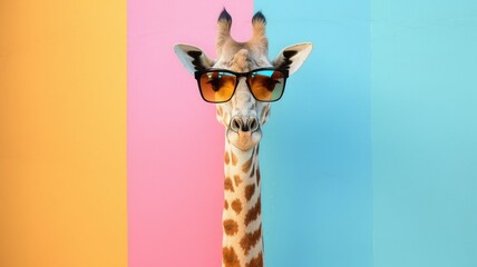 Illustration of a giraffe wearing black sunglasses, on a background with pink, yellow, green and pastel blue stripes. Image generated with AI