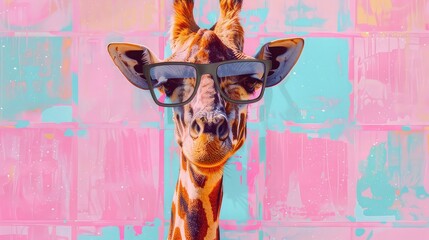 Illustration of a giraffe wearing black sunglasses, on a pastel pink and blue checkered background. Image generated with AI
