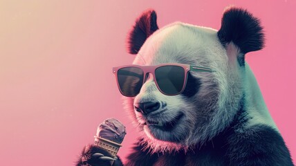 Illustration of a panda wearing sunglasses eating ice cream on a pastel pink background. Image generated with AI