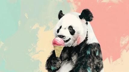 Illustration of a panda eating ice cream on a pastel pink, yellow and green background. Image generated with AI