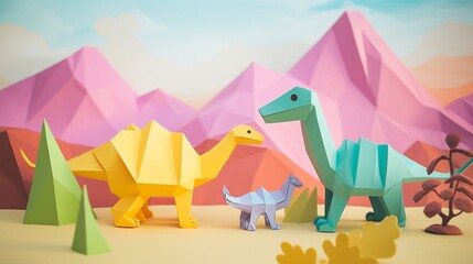 Origami dinosaurs roaming a pastel prehistoric landscape, cute