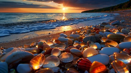 Glass pebble beach sunset. A beautiful beach of and sea shells sea glass made of tumbled glass polished over time by the waves of the ocean into shining pebbles -