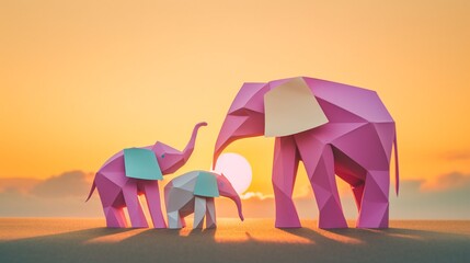 An origami elephant family on a pastel savannah at sunset, cute