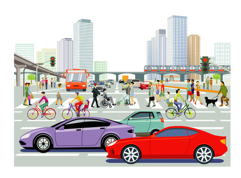 Stadtbus und Fußgänger im Ort, Illustration