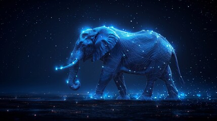 Obraz na płótnie Canvas The image of an elephant isolated from a low poly wireframe on a dark background shows a starry sky or space composed of points, lines, and shapes in the form of stars and planets.