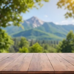 Naklejka na ściany i meble Mountain view from wooden table