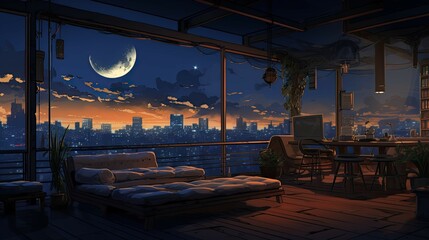 Fototapeta premium Sunset on the roof. AI generated art illustration.