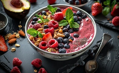 Vibrant smoothie bowl adorned with fresh fruits and nuts, capturing the appeal of nutritious and...