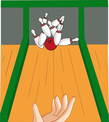 Bowling avec main qui lance la boule frappant les quilles	