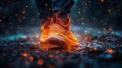Low-poly image of sneakers running through a starry sky. A modern sport concept that consists of planets, stars, and shapes in the form of points and lines. - obrazy, fototapety, plakaty