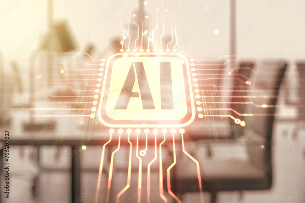 Poster creative artificial intelligence symbol hologram on a modern furnished classroom background. double 
