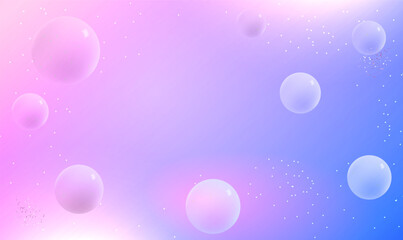 Abstract realistic 3d sphere balls flying on air. Studio pink blue with floating particles. Dynamic flying bubbles, futuristic composition with glossy spheres for cosmetic, healthy products. 3D Vector