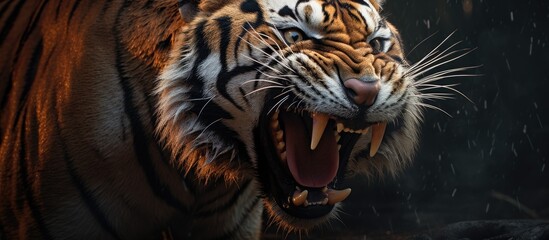 A close up of a Bengal tiger, a carnivorous terrestrial animal from the Felidae family. Its mouth...