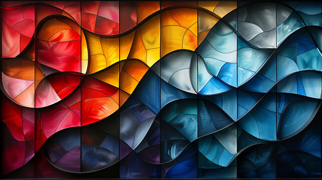 Abstract design mimicking stained glass, with a web of vibrant colors and light creating a captivating visual texture.	