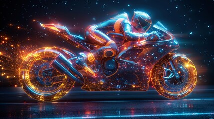 This is a concept of a sport motorbike on the form of a starry sky, with points, lines, and shapes forming planets, stars, and the universe. - obrazy, fototapety, plakaty