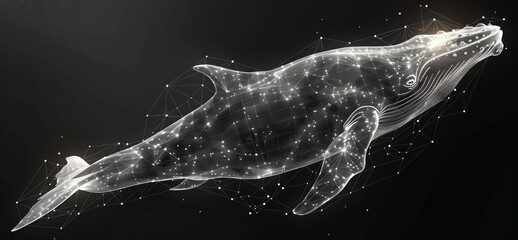 Graphite illustration of a low poly blue whale. Abstract geometric triangle and line origami. Large marine animal with geometry triangle. Light connection.