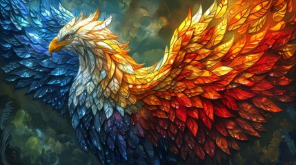 A fiery phoenix emerges in a burst of colors against a cool-toned mosaic background, symbolizing rebirth and creativity.