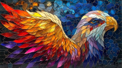 Fototapeta premium A fiery phoenix emerges in a burst of colors against a cool-toned mosaic background, symbolizing rebirth and creativity.