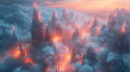 An ethereal cityscape soars above the clouds, bathed in the dusk light with glowing towers and flying vehicles ascending - obrazy, fototapety, plakaty