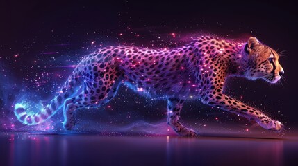 A cheetah in motion in the form of a starry sky or space composed of stars, planets, and the universe. Modern wireframe concept. Blue and purple. - obrazy, fototapety, plakaty
