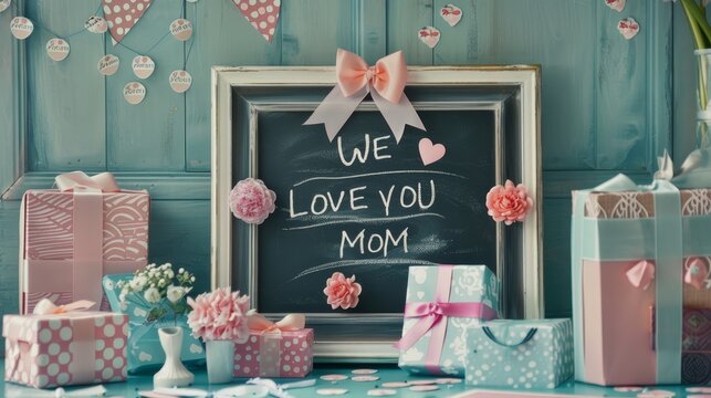 We love mom text on chalkboard with gift boxes and flowers on wooden table