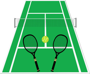 Terrain de tennis vert avec raquettes et balle	