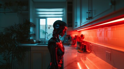 Robot housewife and family assistant. AI generation. - obrazy, fototapety, plakaty